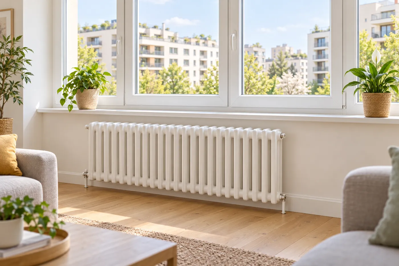 Radiateur blanc sous une grande fenêtre dans un salon lumineux, immeubles résidentiels en arrière-plan